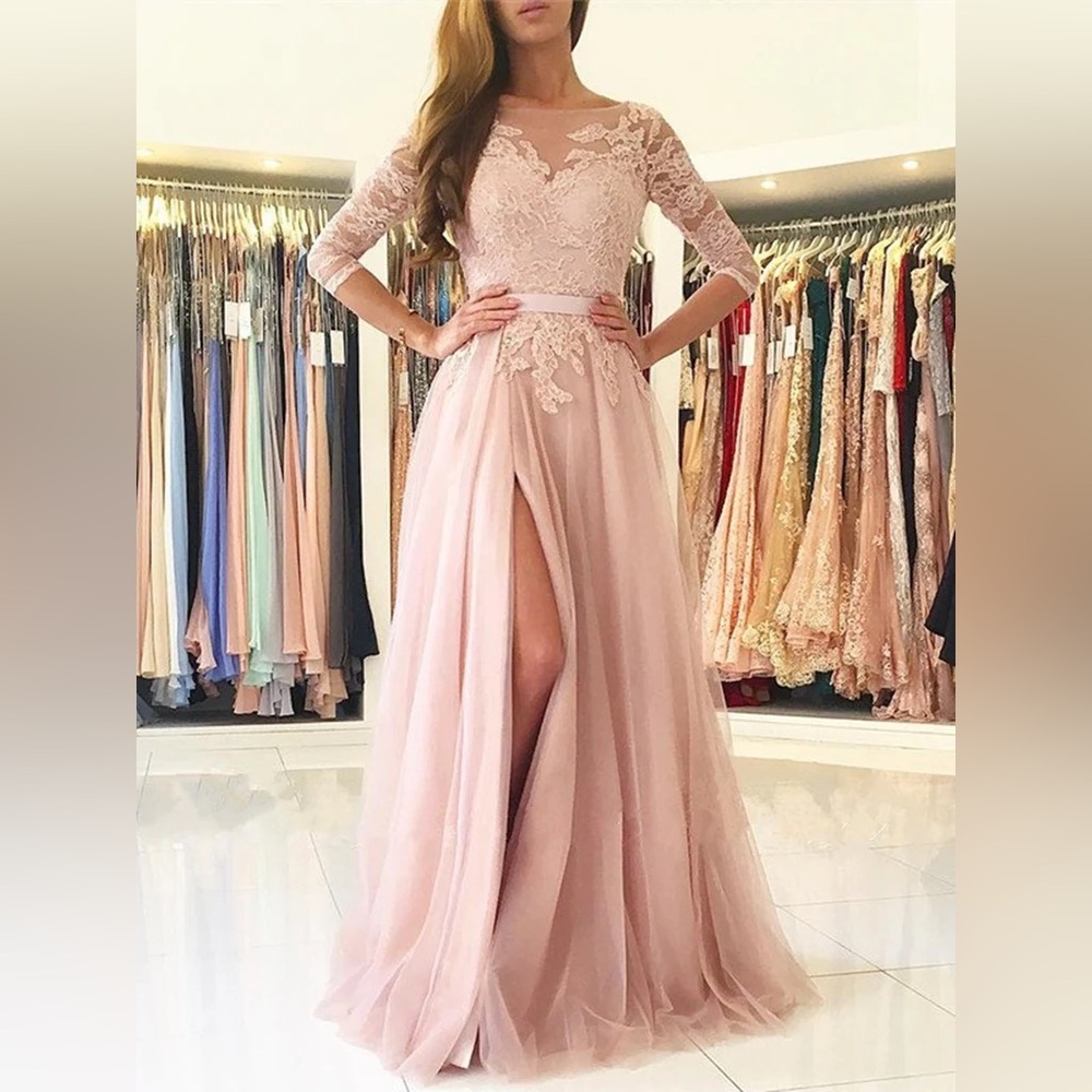 Blush Pink Open Back Side Slit Evening Dress with Belt Size 8 NWT